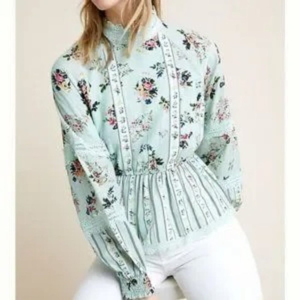 Anthropologie Hemant & Nandita Floral Lace Blouse XS Mint Green Boho Cottagecore